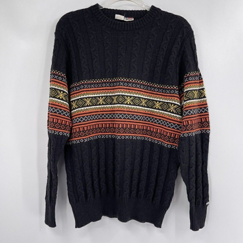 Vintage ELLESSE Wool Black 80s Mens Sweater L Italy Orange Cable knit Fishermens
